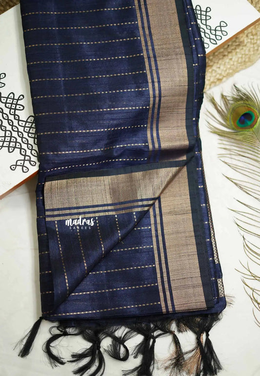 Thulasi - Semi raw silk with stripes weaving - Navy blue