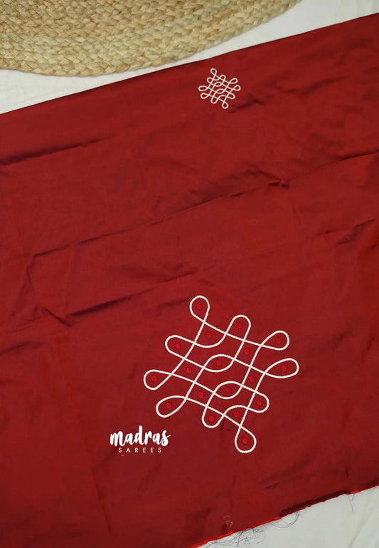 Diwali Special Silkcotton blouse fabric (unstitched) with kolam embroidery - Maroon