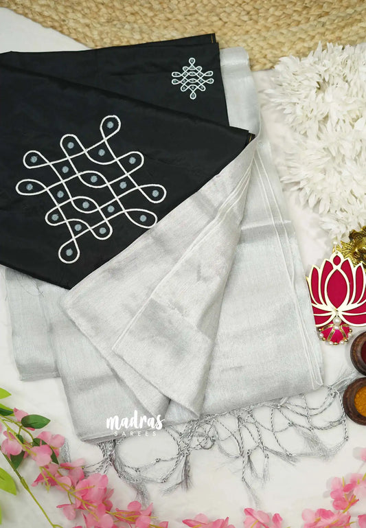 Silver Tissue khadi with Kolam Embroidery (Unstitched) Blouse combo