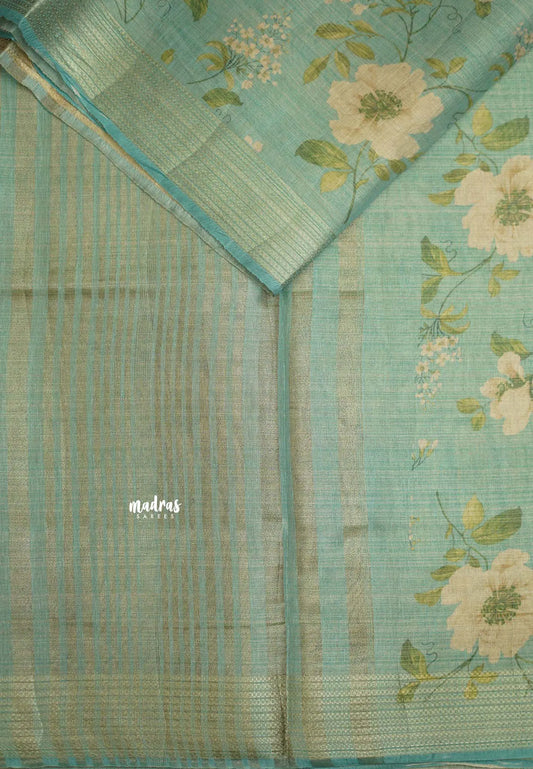 ANJALI - Tissue linen pastel colors with Cherry blossom prints - Teal blue