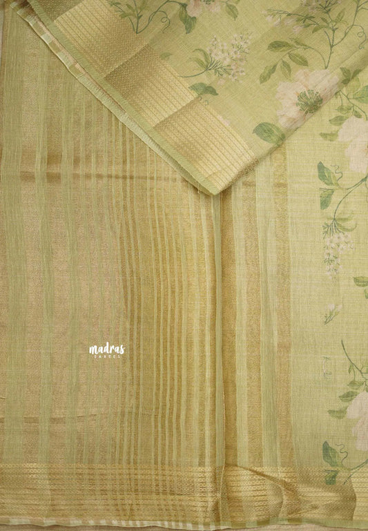 ANJALI - Tissue linen pastel colors with Cherry blossom prints - pista green