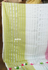 Triple color - 2-in-1 Reversible Mul Cotton Saree with Silver zari