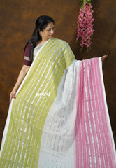 Triple color - 2-in-1 Reversible Mul Cotton Saree with Silver zari
