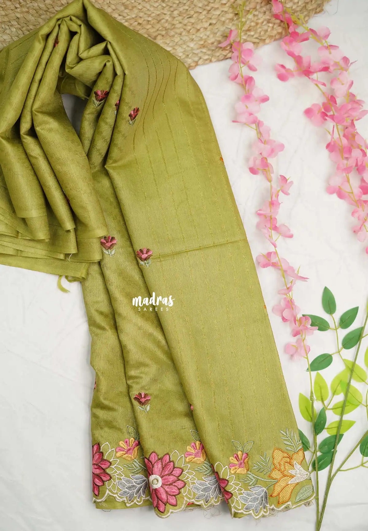 Tussar saree with floral cutwork design - neon green