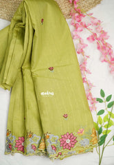 Tussar saree with floral cutwork design - neon green light