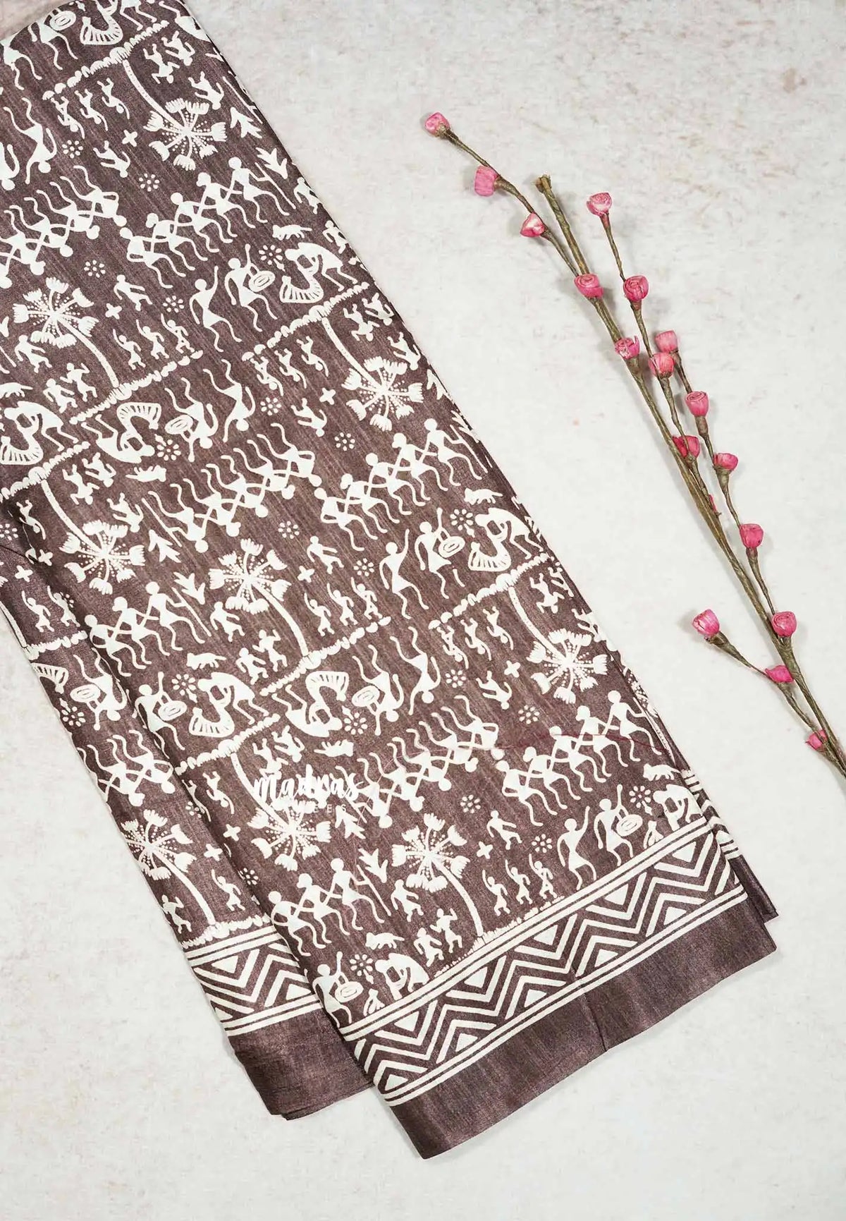 Pastel Brown - Uniform sarees Malgudi printed silk warli prints