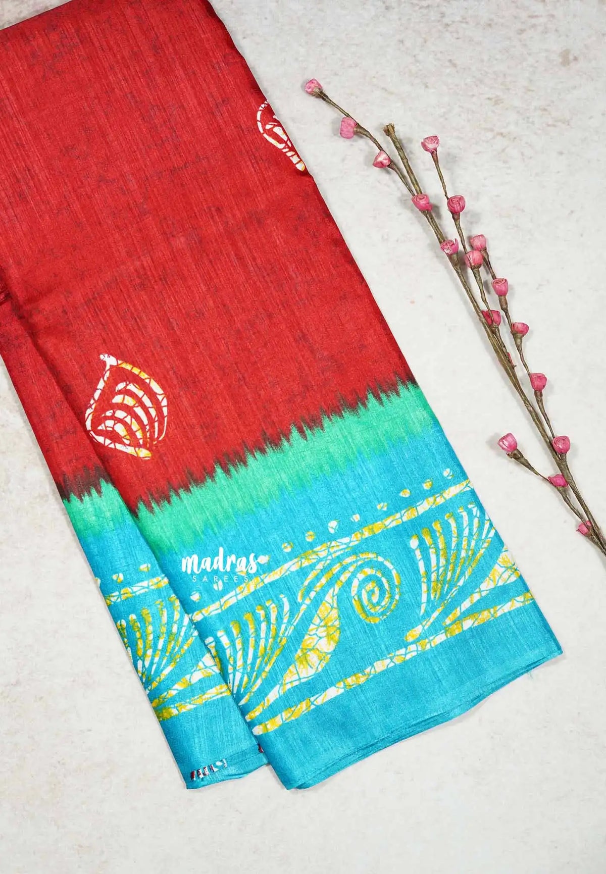 Red - Uniform sarees Malgudi printed silk with batik prints