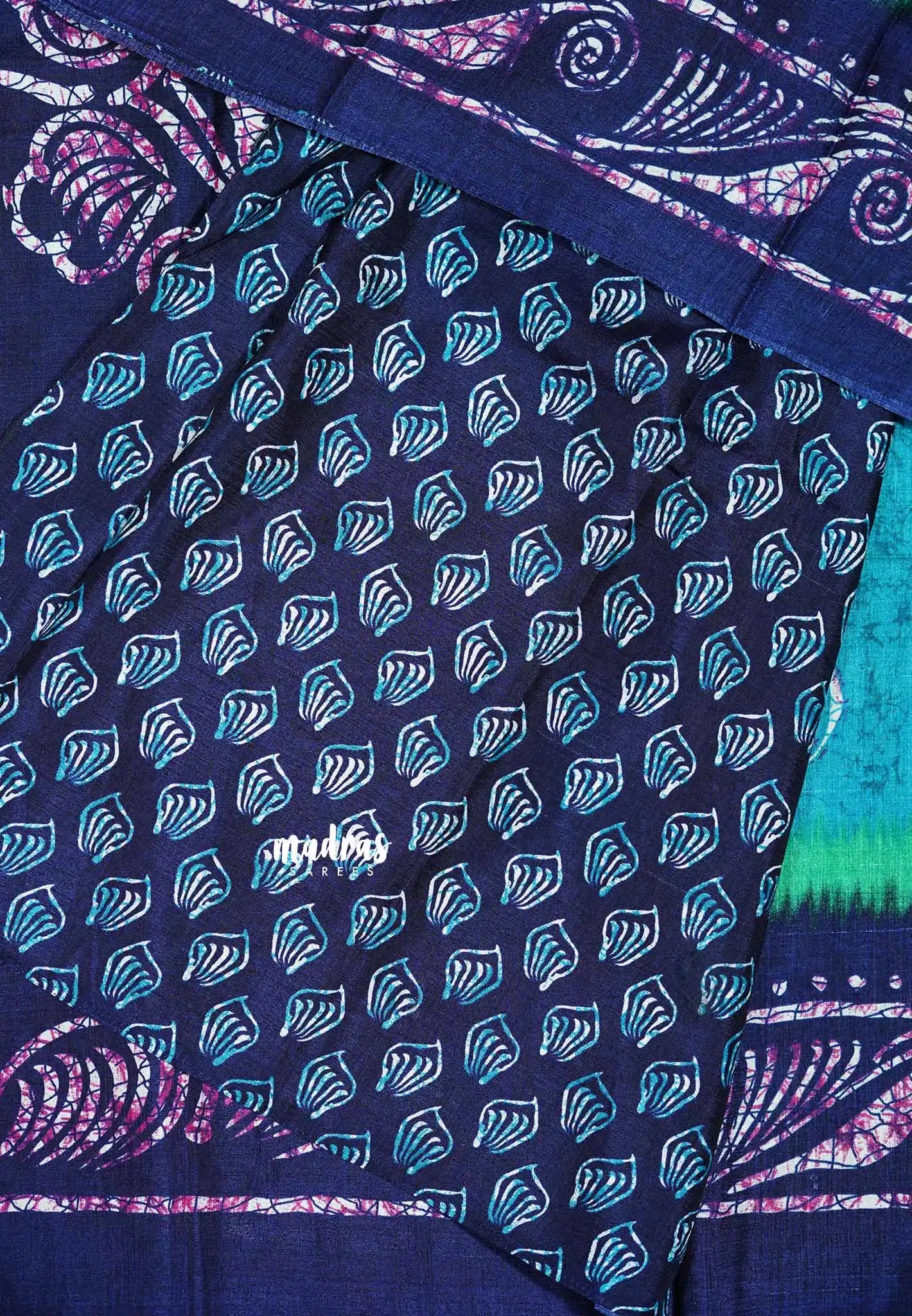 Navy Blue - Uniform sarees Malgudi printed silk with batik prints