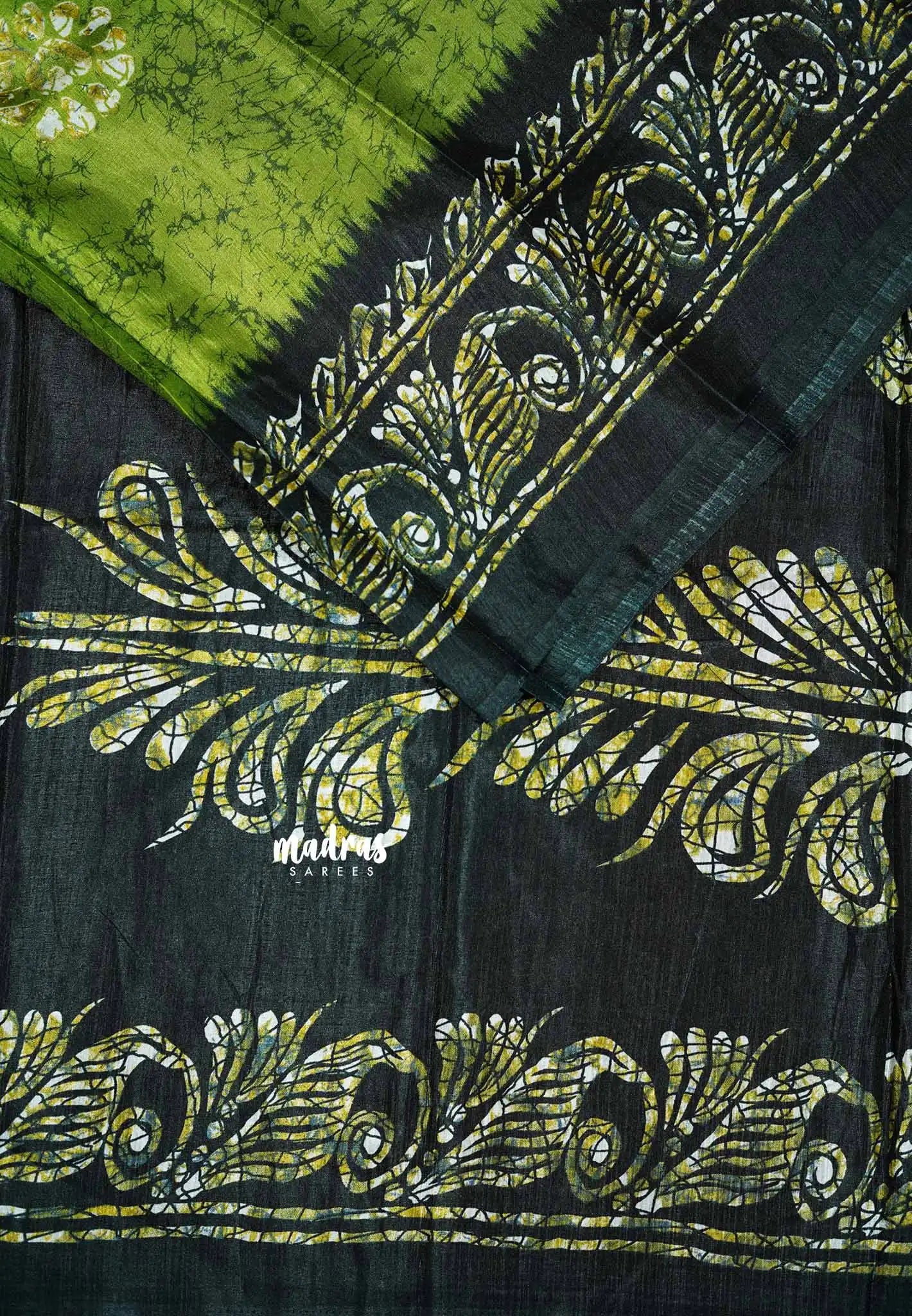 Parrot Green - Uniform sarees Malgudi printed silk with batik prints