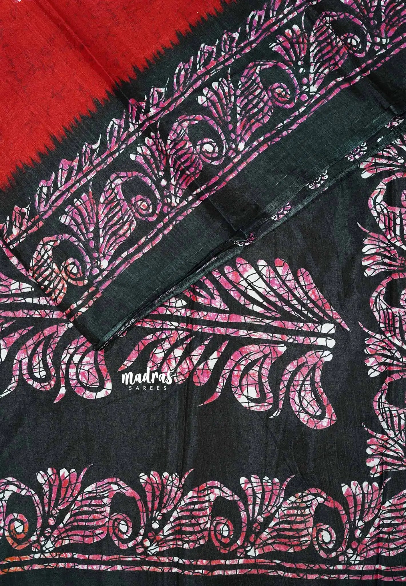 Red - Uniform sarees Malgudi printed silk with batik prints