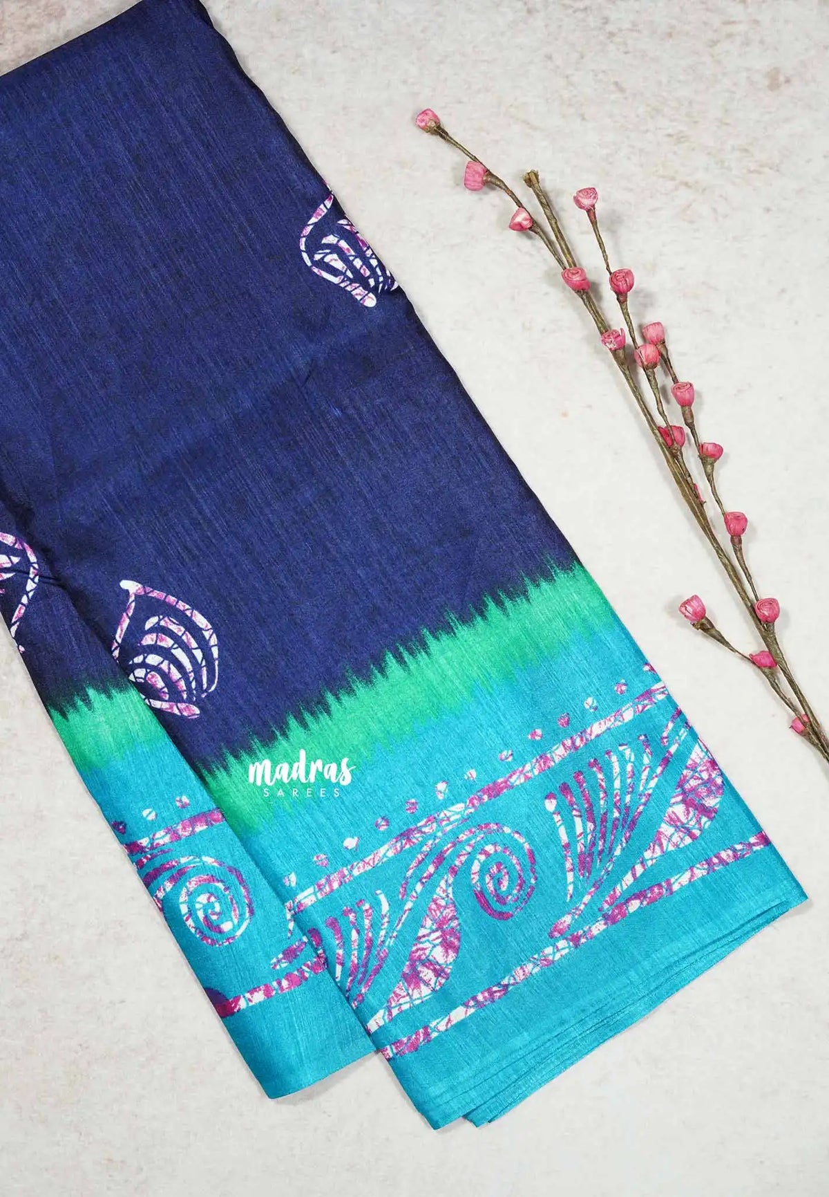 Navy Blue - Uniform sarees Malgudi printed silk with batik prints