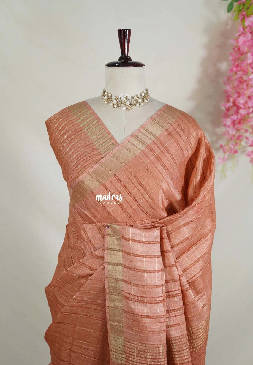 Terracotta Peach  - Vadhanam - Jute Tussar Silk Saree with Tissue Border - Best for Office Wear | Casual Wear