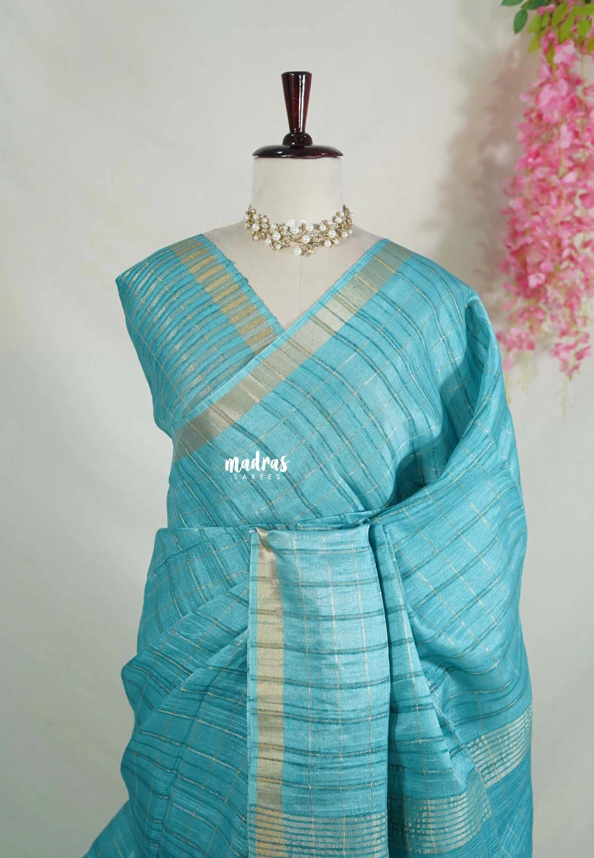 Muted Teal Blue  - Vadhanam - Jute Tussar Silk Saree with Tissue Border - Best for Office Wear | Casual Wear
