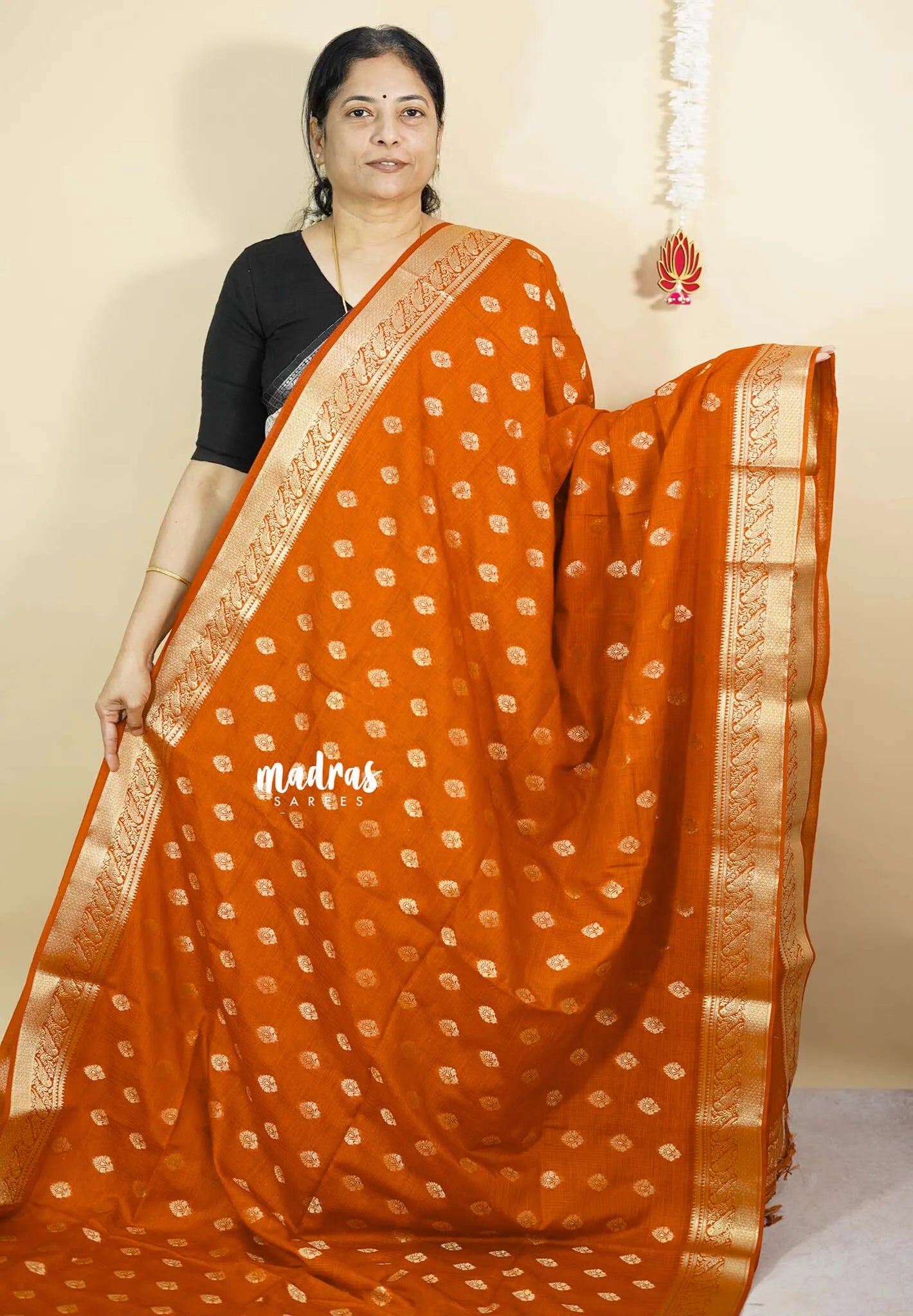 Tangerine Orange - Vadhanam - Premium Jute Tussar silk with buttas and gold zari border