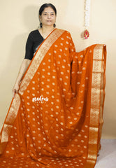 Tangerine Orange - Vadhanam - Premium Jute Tussar silk with buttas and gold zari border