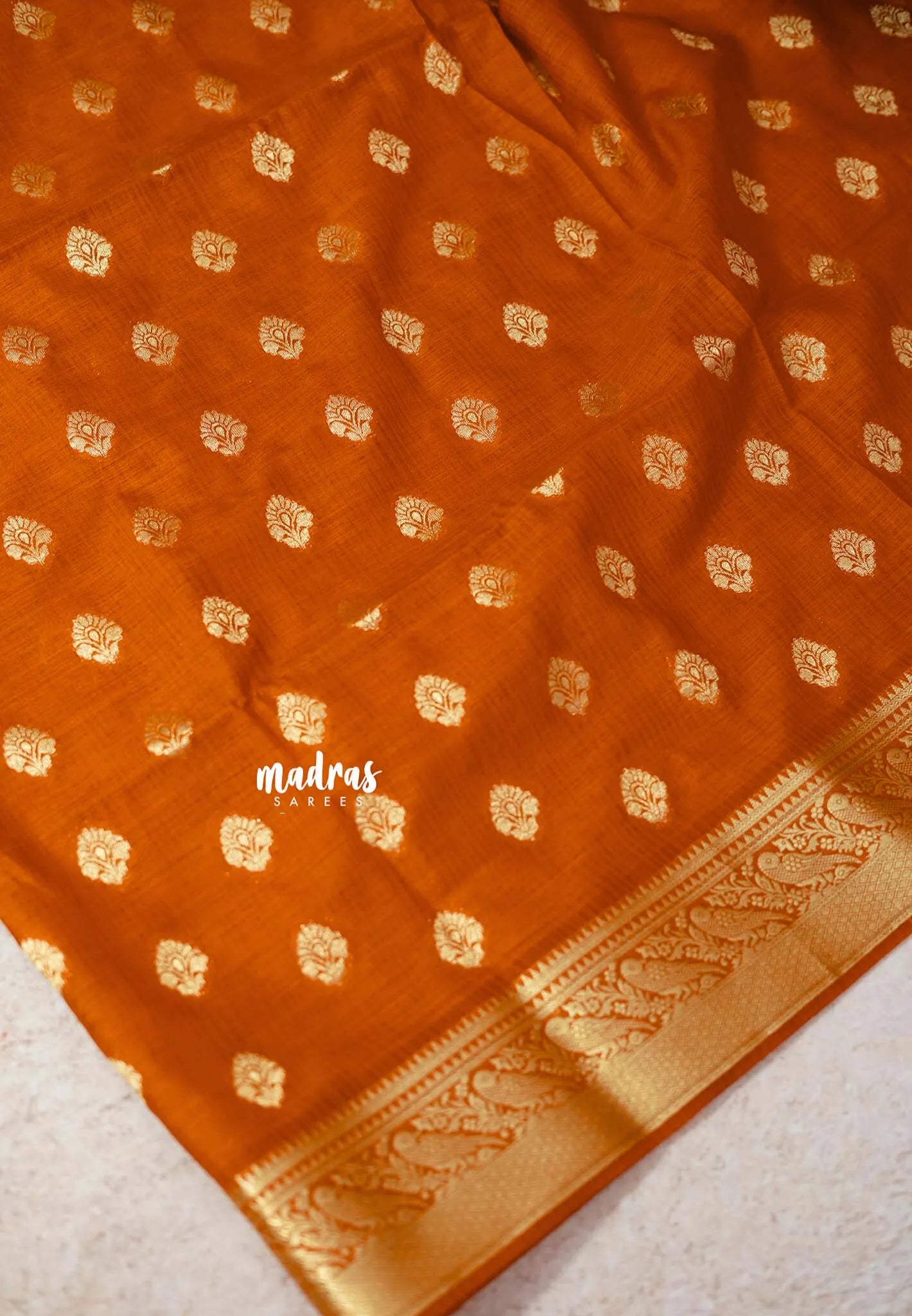 Tangerine Orange - Vadhanam - Premium Jute Tussar silk with buttas and gold zari border