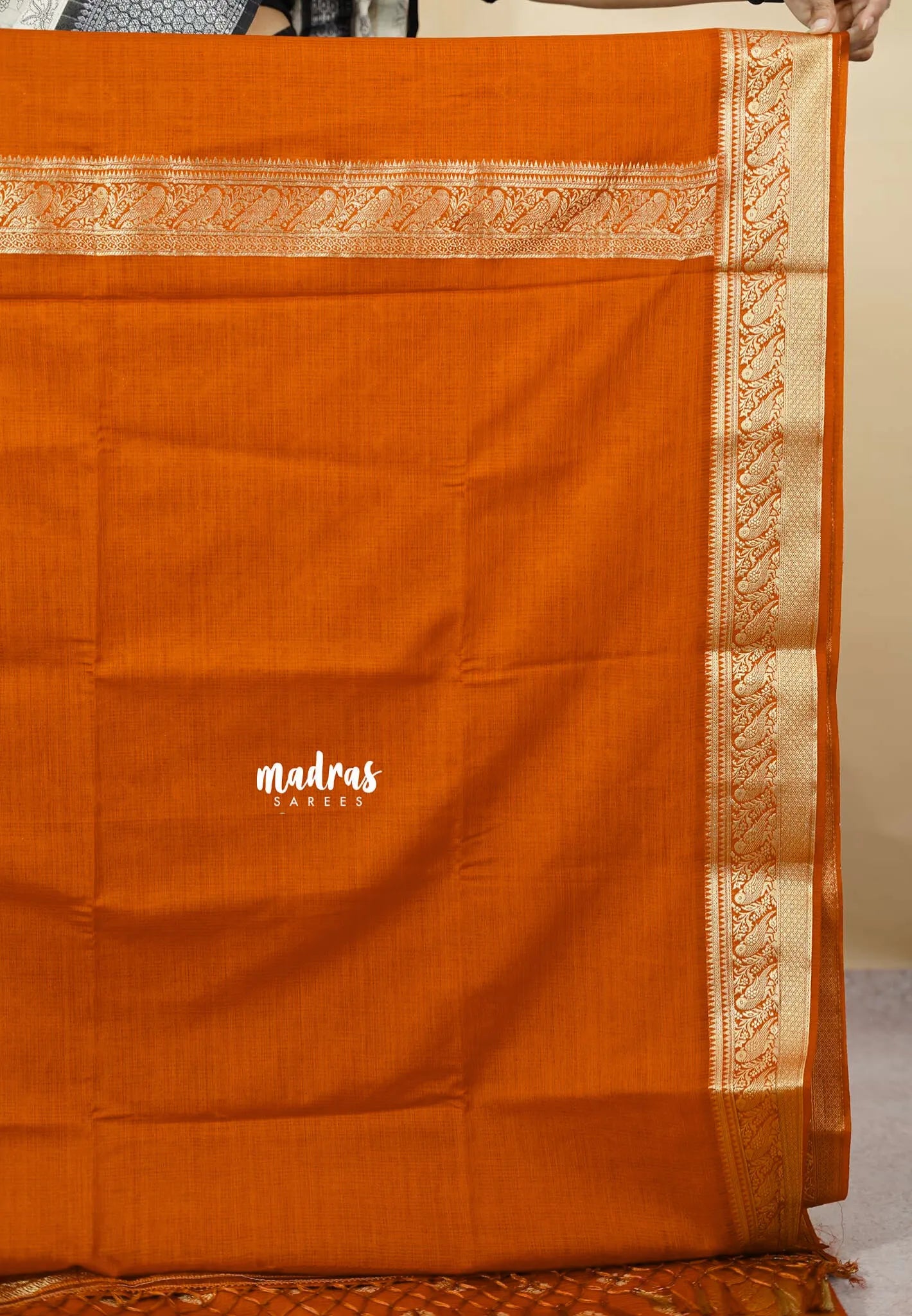 Tangerine Orange - Vadhanam - Premium Jute Tussar silk with buttas and gold zari border