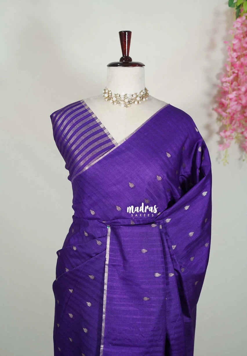 Violet Purple - Jute Tussar Silk Saree with Stripes Texture and Tissue Blouse - Best for Office Wear | Casual Wear