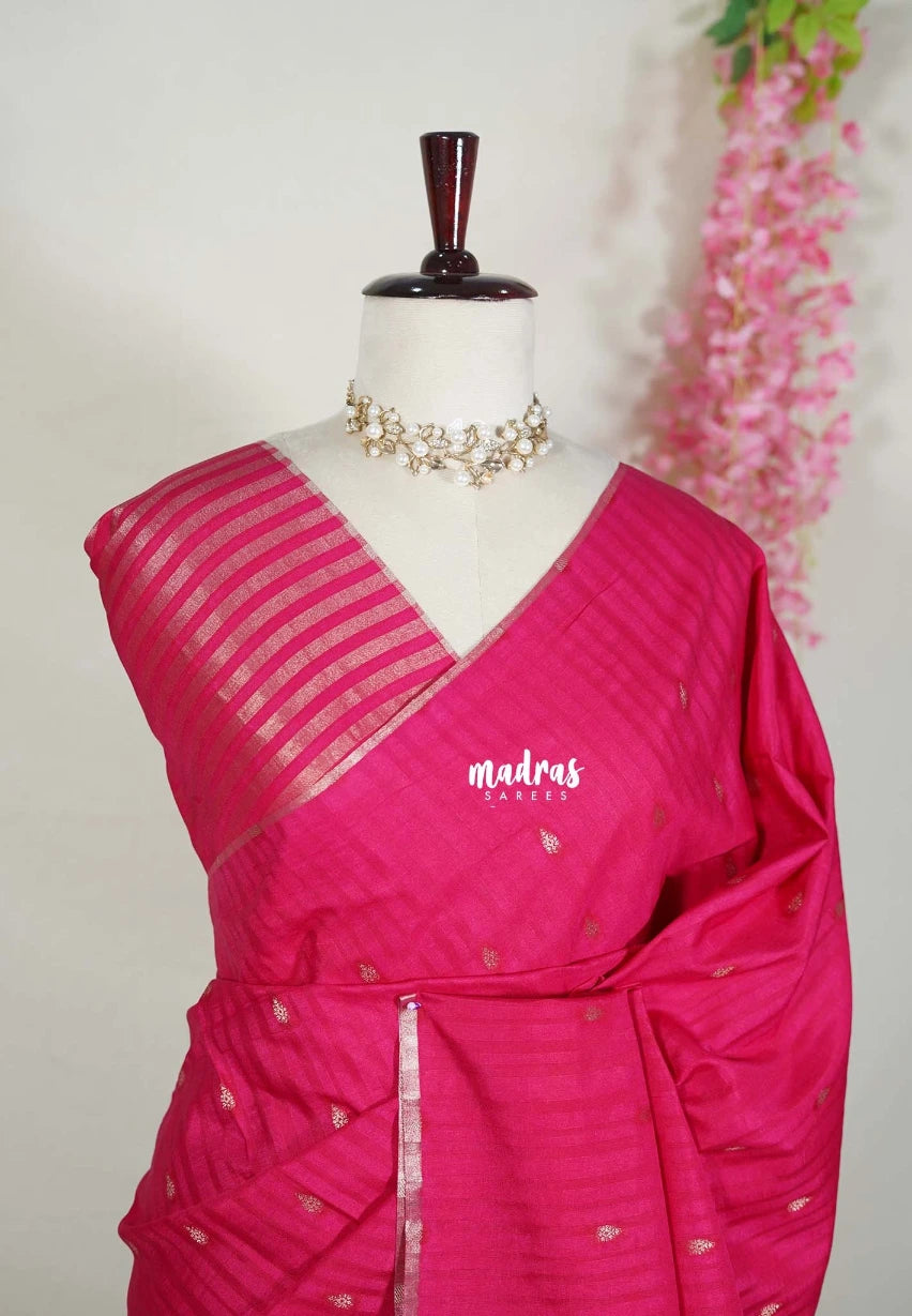 Queen's Pink - Jute Tussar Silk Saree with Stripes Texture and Tissue Blouse - Best for Office Wear | Casual Wear