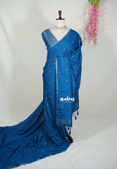 Peacock Blue - Jute Tussar Silk Saree with Stripes Texture and Tissue Blouse - Best for Office Wear | Casual Wear