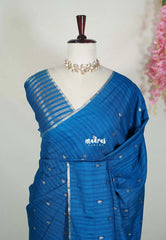 Peacock Blue - Jute Tussar Silk Saree with Stripes Texture and Tissue Blouse - Best for Office Wear | Casual Wear