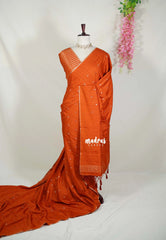 Rust Orange - Jute Tussar Silk Saree with Stripes Texture and Tissue Blouse - Best for Office Wear | Casual Wear