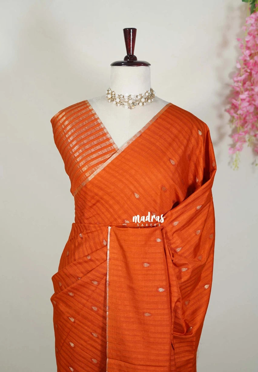 Rust Orange - Jute Tussar Silk Saree with Stripes Texture and Tissue Blouse - Best for Office Wear | Casual Wear