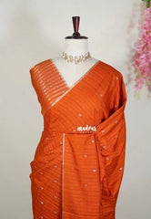 Rust Orange - Jute Tussar Silk Saree with Stripes Texture and Tissue Blouse - Best for Office Wear | Casual Wear