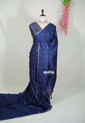Midnight Blue - Jute Tussar Silk Saree with Stripes Texture and Tissue Blouse - Best for Office Wear | Casual Wear
