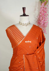 Rust Orange - Jute Tussar Silk Saree with Stripes Texture and Tissue Blouse - Best for Office Wear | Casual Wear