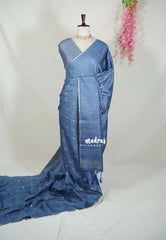 Greyish Blue - Jute Tussar Silk Saree with Stripes Texture and Tissue Blouse - Best for Office Wear | Casual Wear