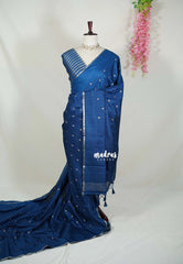 Dark Teal Blue - Jute Tussar Silk Saree with Stripes Texture and Tissue Blouse - Best for Office Wear | Casual Wear