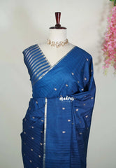 Dark Teal Blue - Jute Tussar Silk Saree with Stripes Texture and Tissue Blouse - Best for Office Wear | Casual Wear