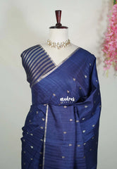 Midnight Blue - Jute Tussar Silk Saree with Stripes Texture and Tissue Blouse - Best for Office Wear | Casual Wear