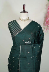 Midnight Green - Jute Tussar Silk Saree with Stripes Texture and Tissue Blouse - Best for Office Wear | Casual Wear