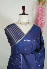 Midnight Blue - Jute Tussar Silk Saree with Stripes Texture and Tissue Blouse - Best for Office Wear | Casual Wear