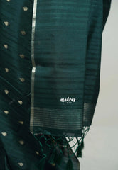 Midnight Green - Jute Tussar Silk Saree with Stripes Texture and Tissue Blouse - Best for Office Wear | Casual Wear