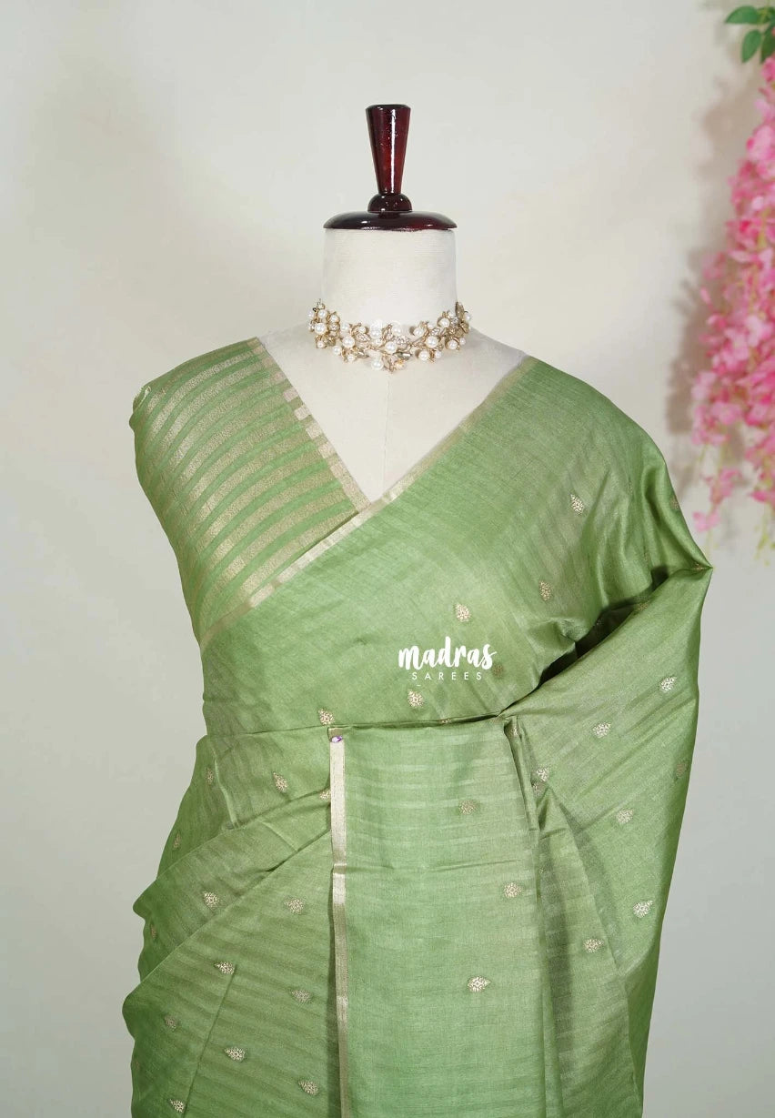 Pista Green - Jute Tussar Silk Saree with Stripes Texture and Tissue Blouse - Best for Office Wear | Casual Wear
