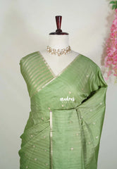 Pista Green - Jute Tussar Silk Saree with Stripes Texture and Tissue Blouse - Best for Office Wear | Casual Wear