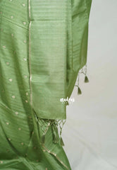 Pista Green - Jute Tussar Silk Saree with Stripes Texture and Tissue Blouse - Best for Office Wear | Casual Wear