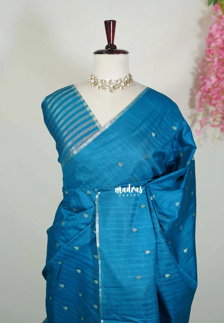 Teal Blue - Jute Tussar Silk Saree with Stripes Texture and Tissue Blouse - Best for Office Wear | Casual Wear