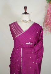 Magenta Purple - Jute Tussar Silk Saree with Stripes Texture and Tissue Blouse - Best for Office Wear | Casual Wear