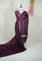Wine Brown - Jute Tussar Silk Saree with Stripes Texture and Tissue Blouse - Best for Office Wear | Casual Wear