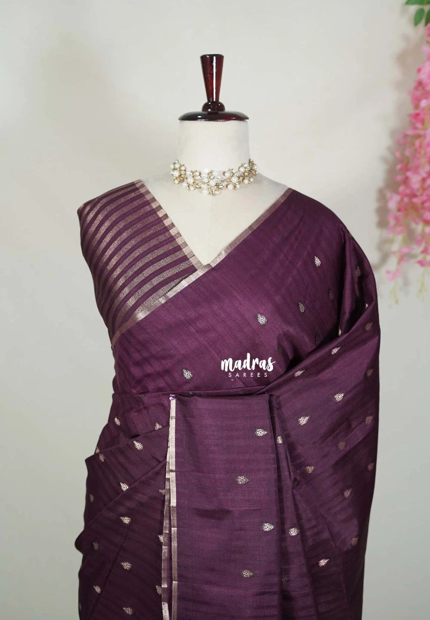 Wine Brown - Jute Tussar Silk Saree with Stripes Texture and Tissue Blouse - Best for Office Wear | Casual Wear