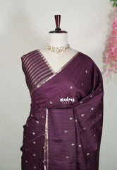 Wine Brown - Jute Tussar Silk Saree with Stripes Texture and Tissue Blouse - Best for Office Wear | Casual Wear