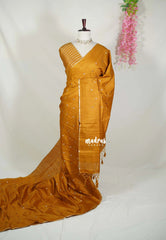 Mustard Glow - Jute Tussar Silk Saree with Stripes Texture and Tissue Blouse - Best for Office Wear | Casual Wear