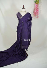 Midnight Purple - Jute Tussar Silk Saree with Stripes Texture and Tissue Blouse - Best for Office Wear | Casual Wear