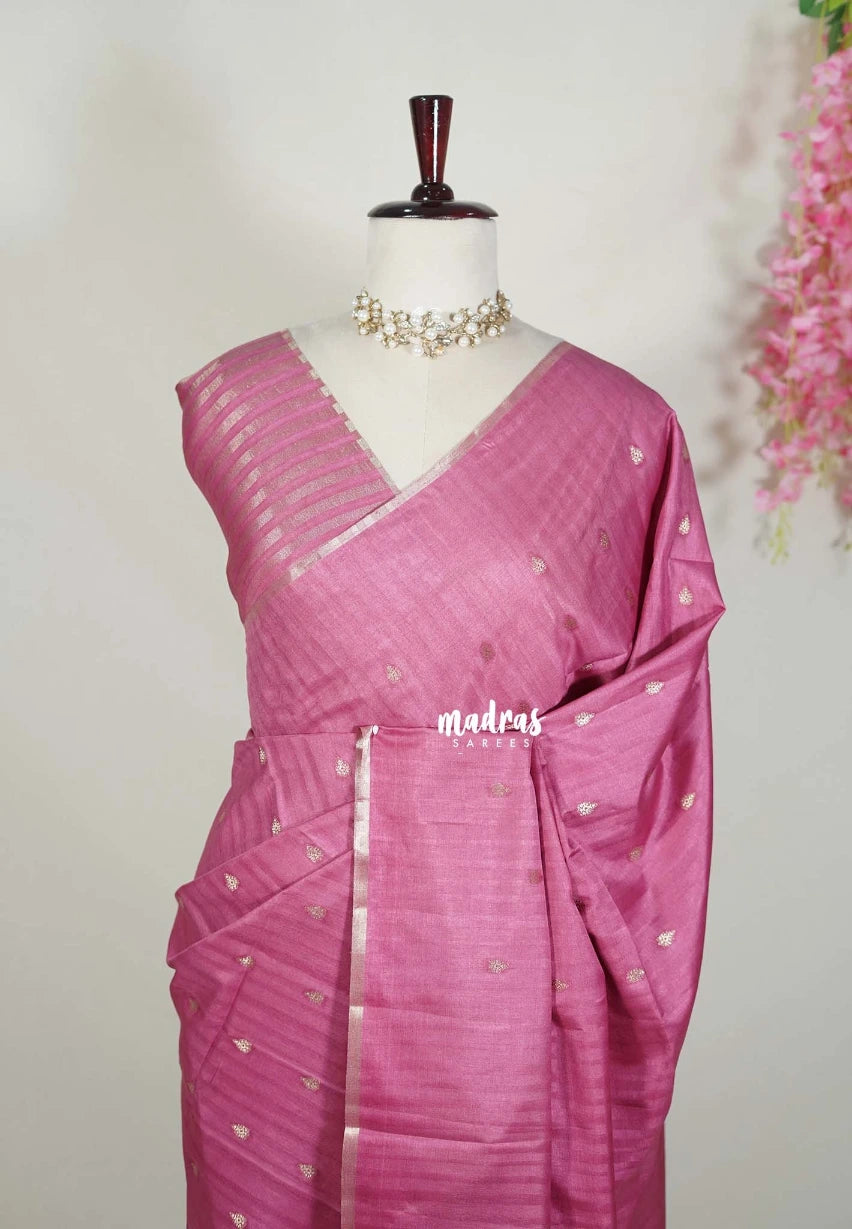 Mauve Onion Pink - Jute Tussar Silk Saree with Stripes Texture and Tissue Blouse - Best for Office Wear | Casual Wear