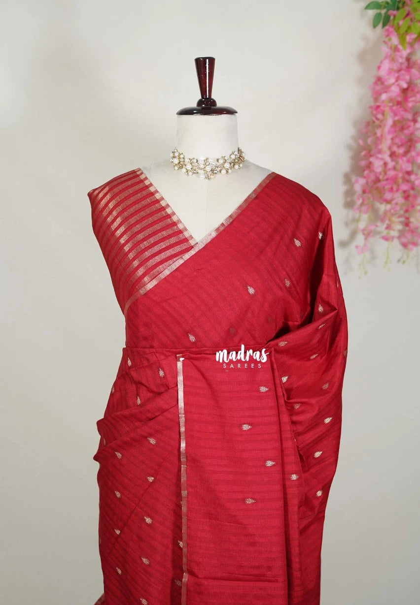 Dark Red - Jute Tussar Silk Saree with Stripes Texture and Tissue Blouse - Best for Office Wear | Casual Wear