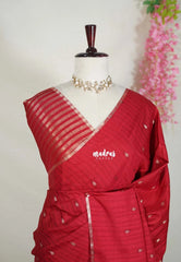 Dark Red - Jute Tussar Silk Saree with Stripes Texture and Tissue Blouse - Best for Office Wear | Casual Wear